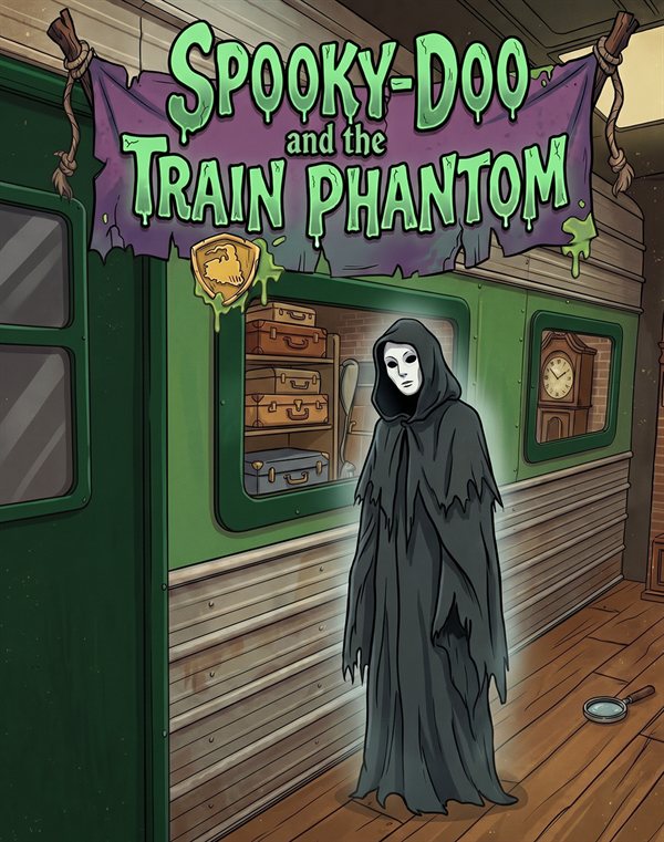 Spooky-Doo and the Train Phantom escape room: a hooded, masked phantom beside an old train car